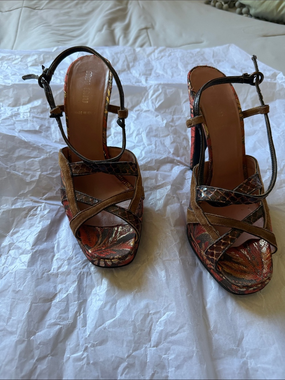 Miu Miu Brown Suede & Multicolor Patterned High Heel Sandals